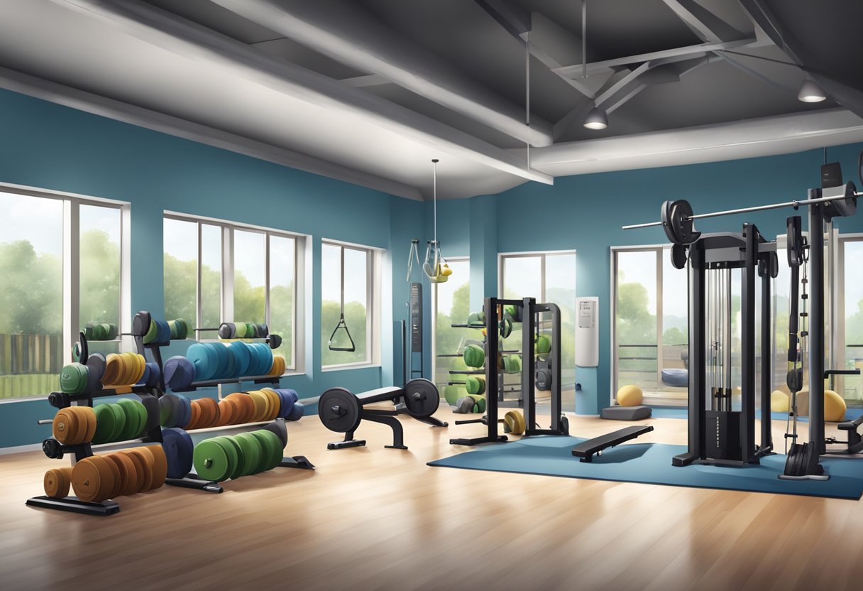 A gym with protein powder containers and weightlifting equipment