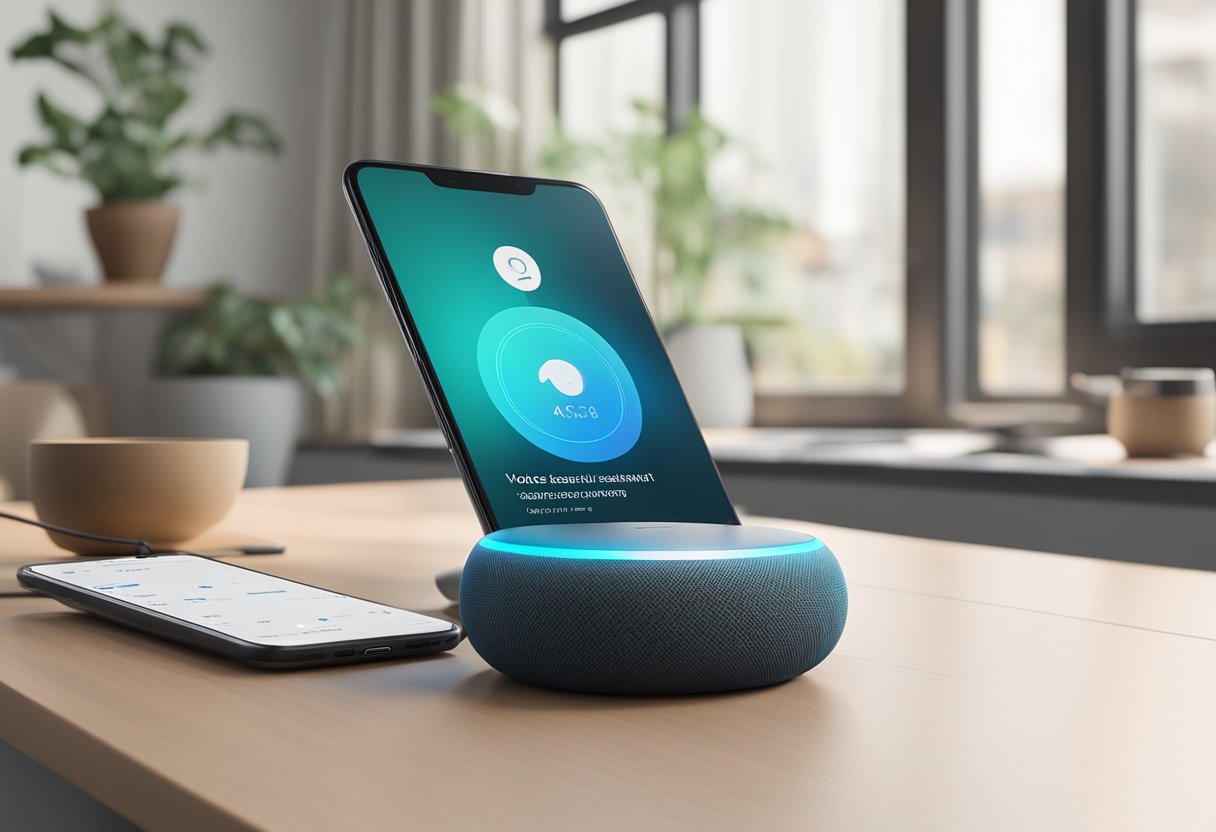 A voice assistant device sits on a table, surrounded by various digital content. The brand's logo is prominently displayed on the screen, indicating optimized content for voice search