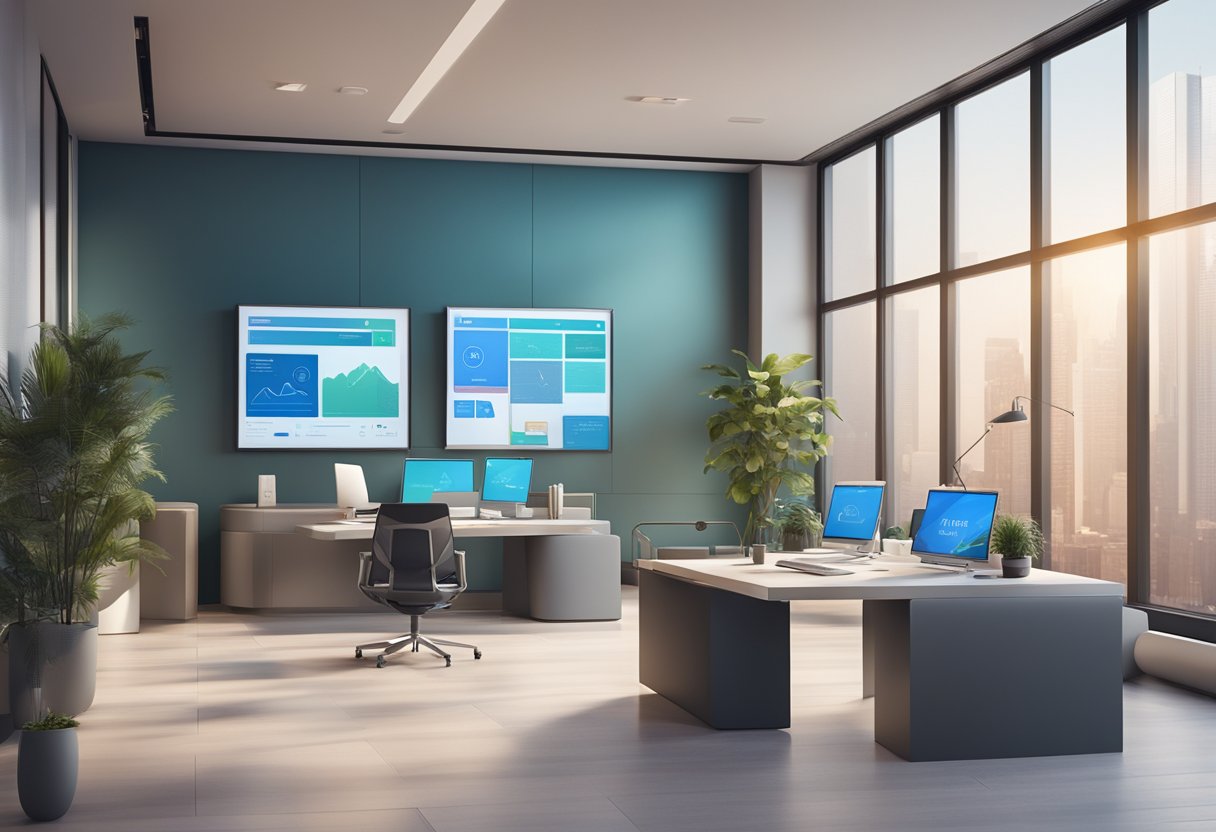 A sleek, modern office setting with a prominent voice assistant device integrated seamlessly into the environment, surrounded by brand logos and digital interfaces
