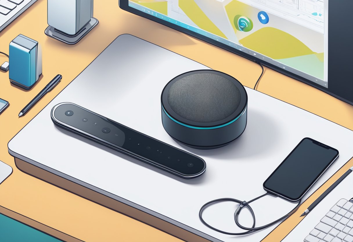 A smart speaker sits on a sleek modern desk, surrounded by various electronic devices. The screen displays a list of "Frequently Asked Questions" related to brand optimization