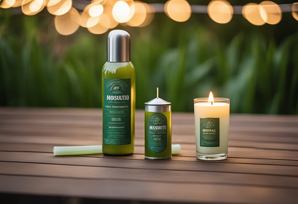 A bottle of mosquito repellent placed next to a citronella candle and a rolled-up mosquito net, all sitting on a table in a cozy outdoor setting