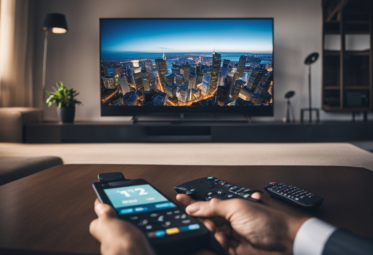 Uma mão pega um controle remoto, apontando-o para uma smart TV que não está sendo atualizada. Sete dispositivos diferentes são exibidos em uma mesa próxima