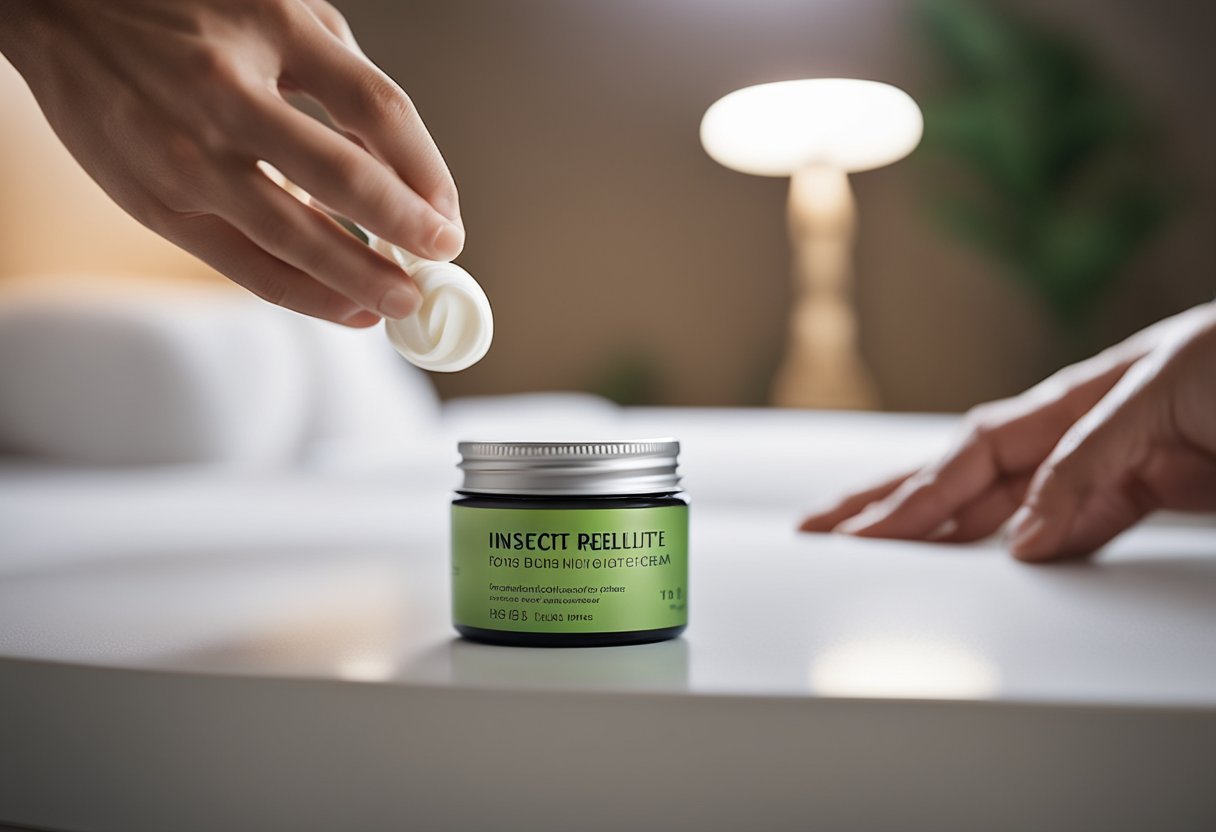 A person reaching for a bottle of insect bite relief cream on a bedside table