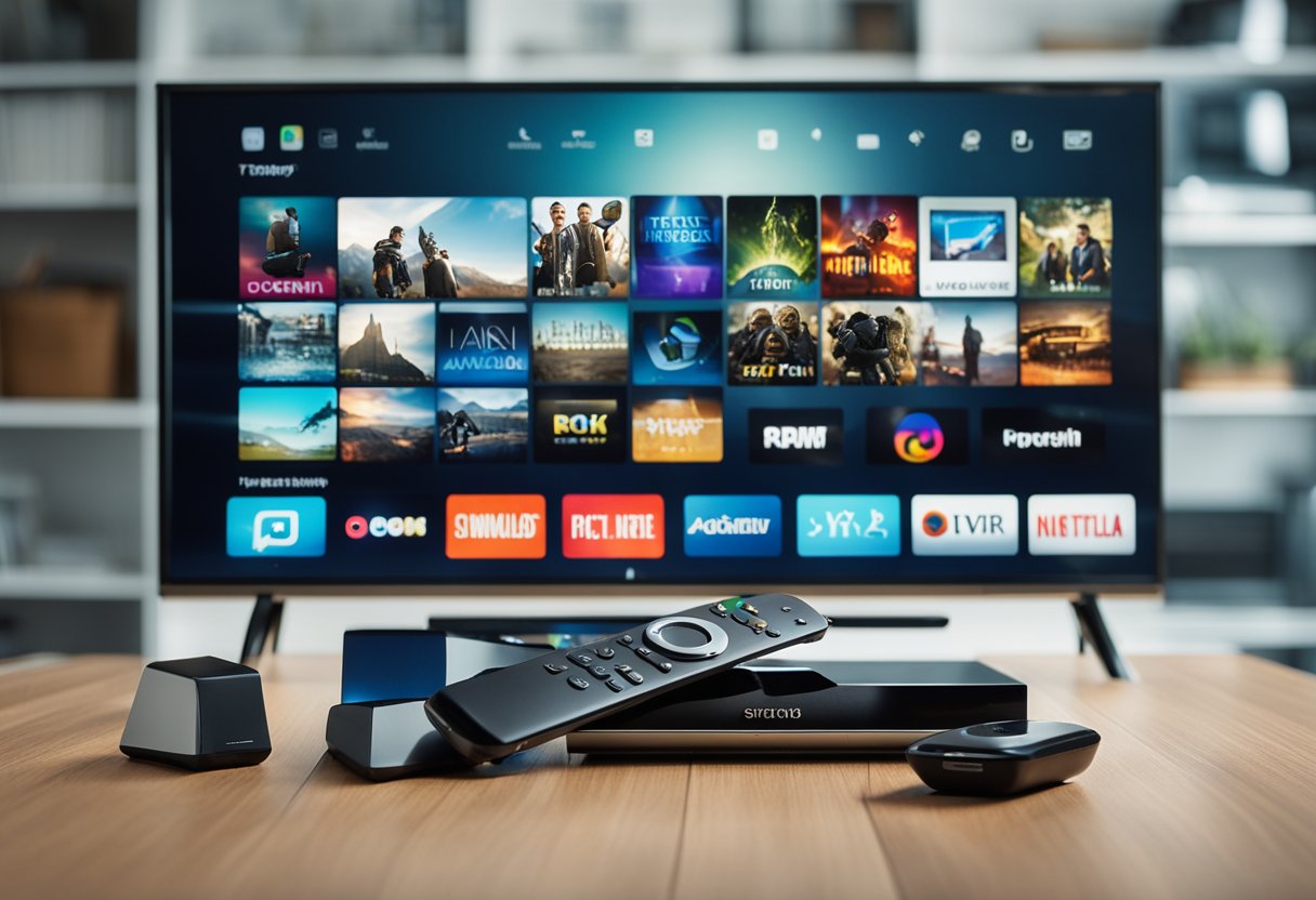 Uma smart TV cercada por aplicativos desatualizados, enquanto 7 dispositivos de streaming pairam por perto, prontos para resolver o problema