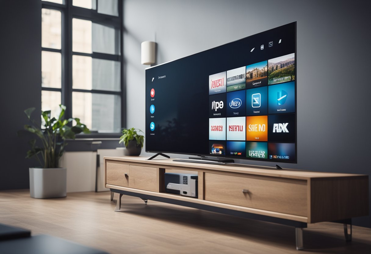 Uma smart TV fica ociosa enquanto 7 dispositivos pairam ao seu redor, prontos para resolver o problema de atualização de aplicativos