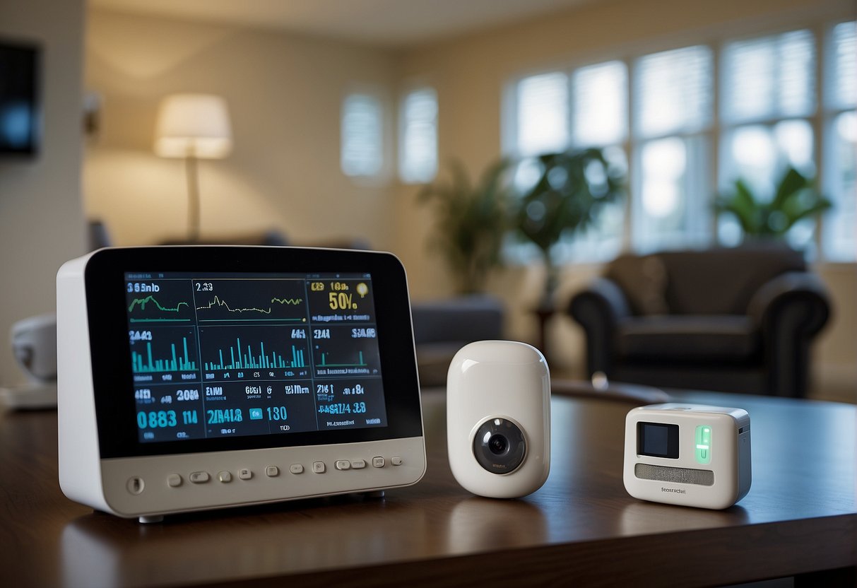 A modern home with medical devices and technology set up for remote patient monitoring, including a central monitoring station and various sensors and devices throughout the living space
