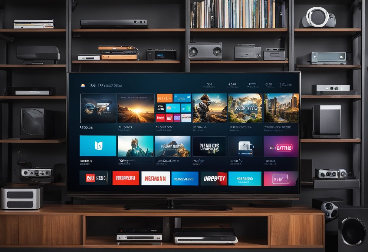 Uma smart TV cercada por 7 dispositivos diferentes, como dispositivos de streaming e consoles de jogos, com aplicativos que não são atualizados