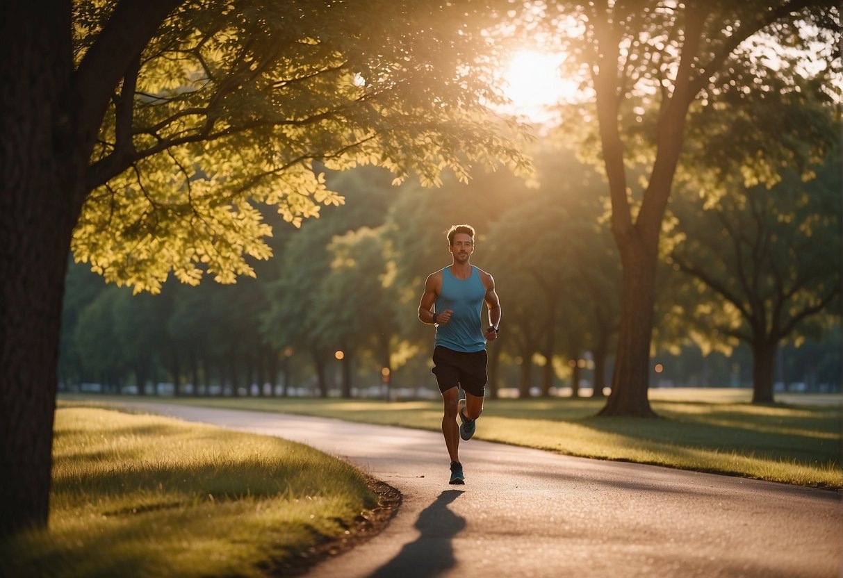 A runner jogging through a peaceful park, surrounded by trees and birdsong. The sun is rising, casting a warm glow over the serene landscape