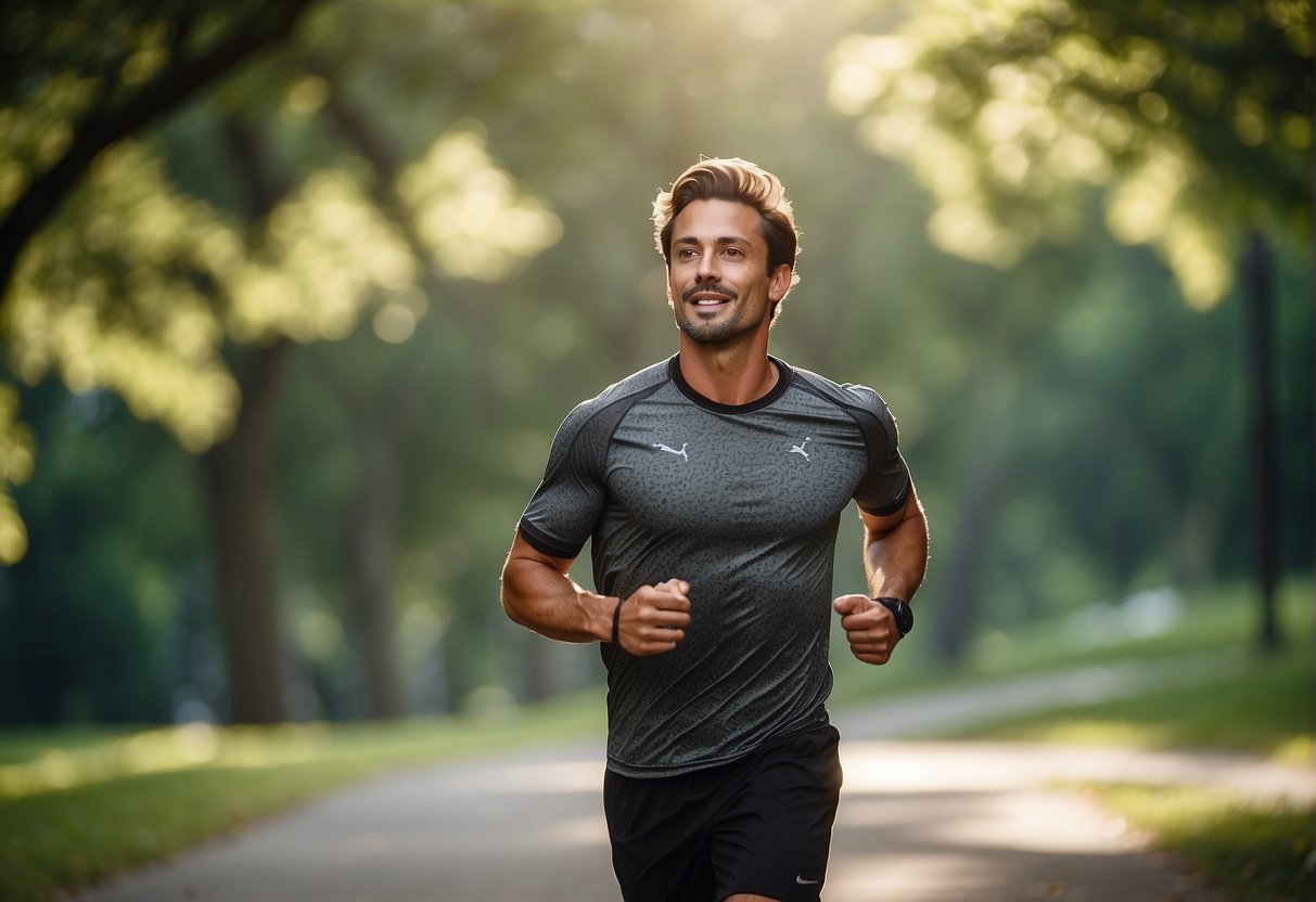 A runner jogging through a peaceful park, surrounded by green trees and a serene atmosphere, with a relaxed and content expression on their face