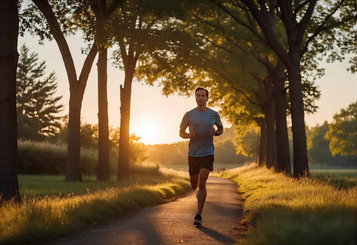 A runner jogs along a peaceful, tree-lined path, with a relaxed pace and a calm expression. The sun is setting, casting a warm glow over the serene landscape