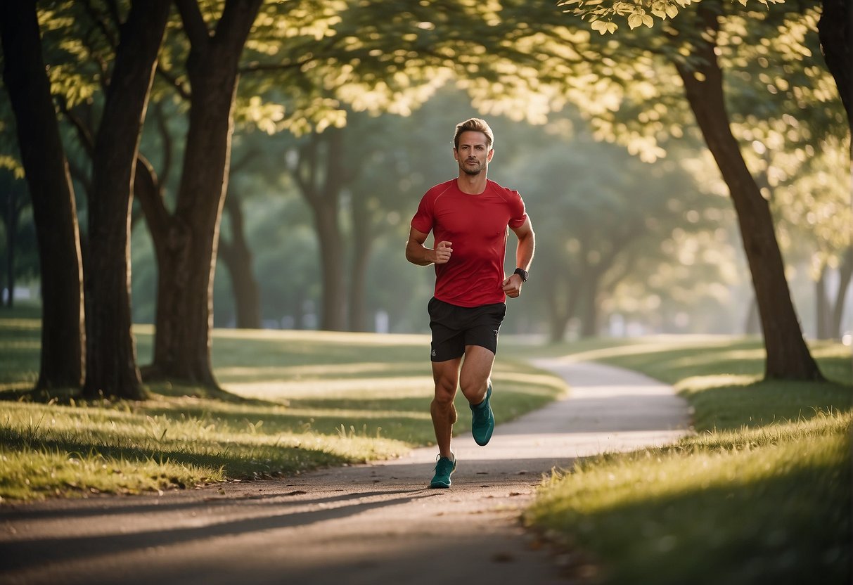 A runner jogging at a relaxed pace through a scenic park with trees and a winding path, with a calm and peaceful atmosphere