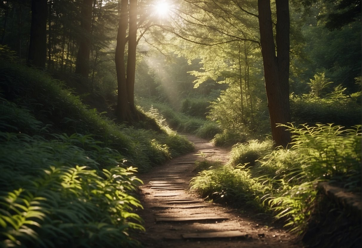 A peaceful forest trail with a winding path, sunlight streaming through the trees, and a serene stream flowing alongside