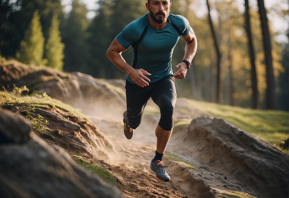 A runner navigates around obstacles and uneven terrain during a recovery run, focusing on balance and stride