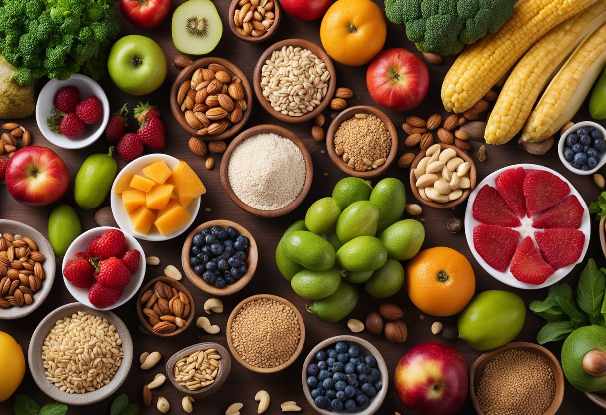 A table filled with colorful fruits, vegetables, nuts, and seeds. A variety of whole grains and lean proteins are also present, showcasing a diverse range of foods for liver health