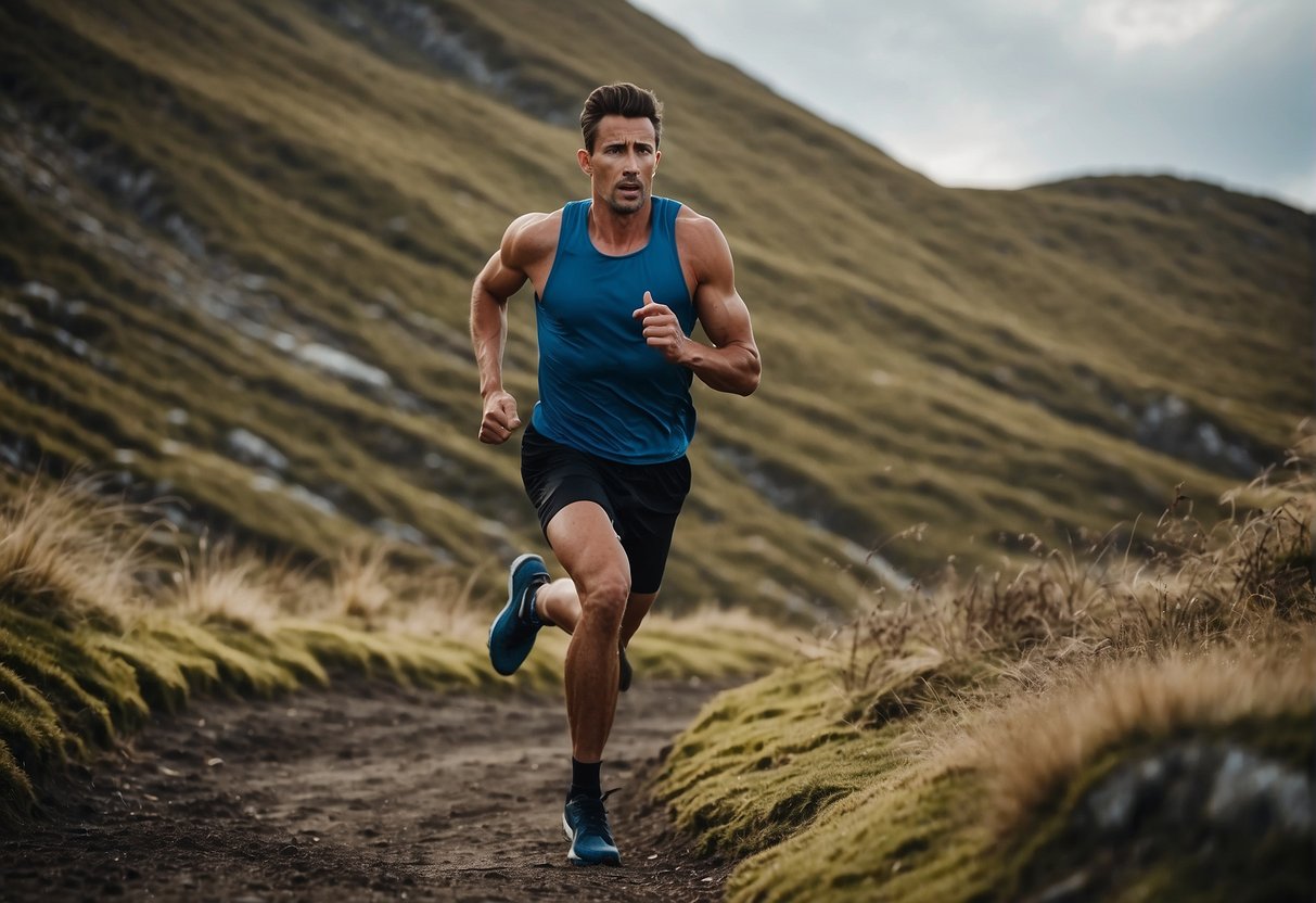 A runner sprints across a rugged terrain, with a focus on speed and agility. The landscape is filled with obstacles and challenges, requiring quick reflexes and strategic movements