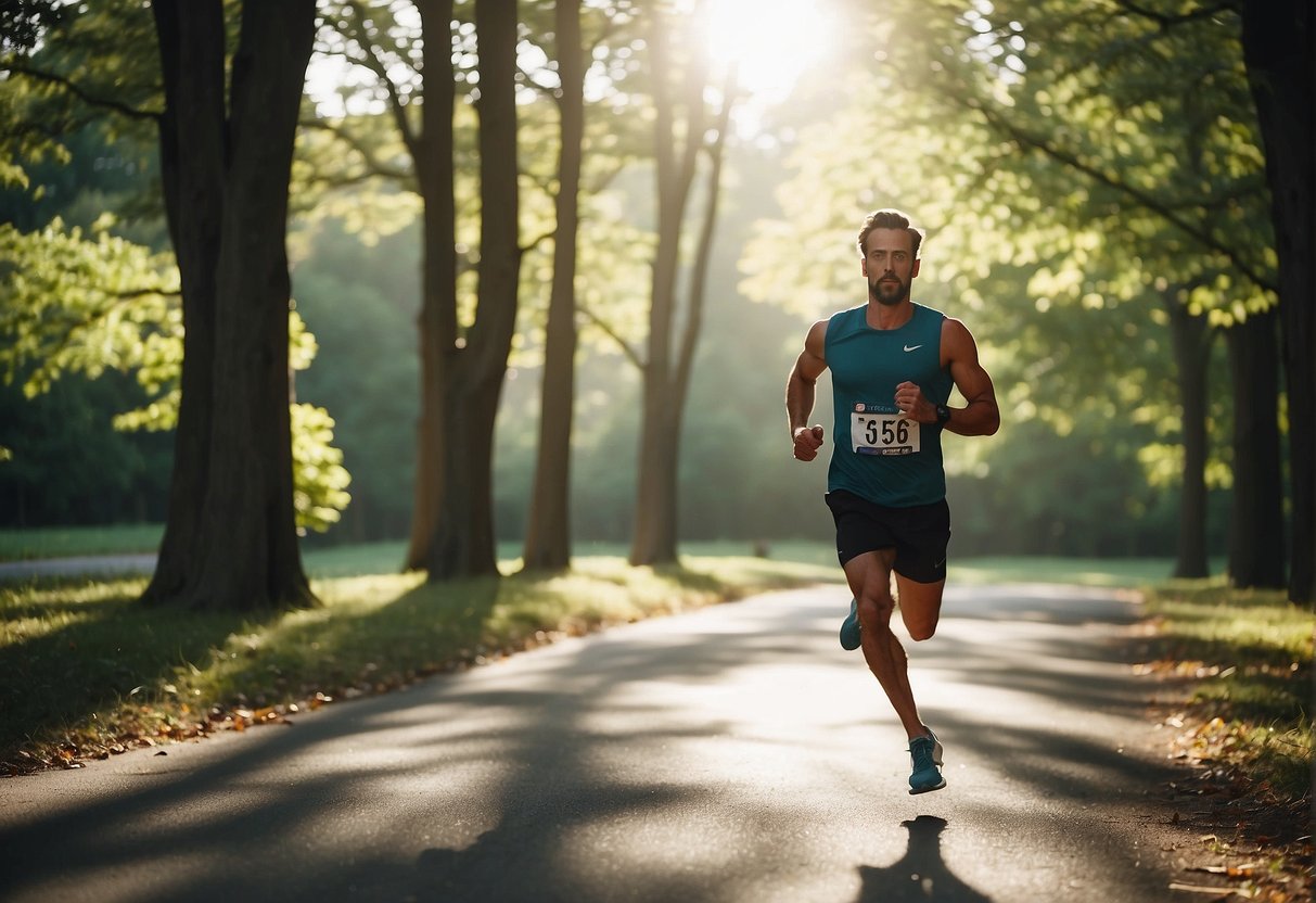 A runner completes a recovery run, moving at a moderate pace with relaxed breathing and a steady stride. The surroundings are peaceful and serene, with gentle sunlight filtering through the trees