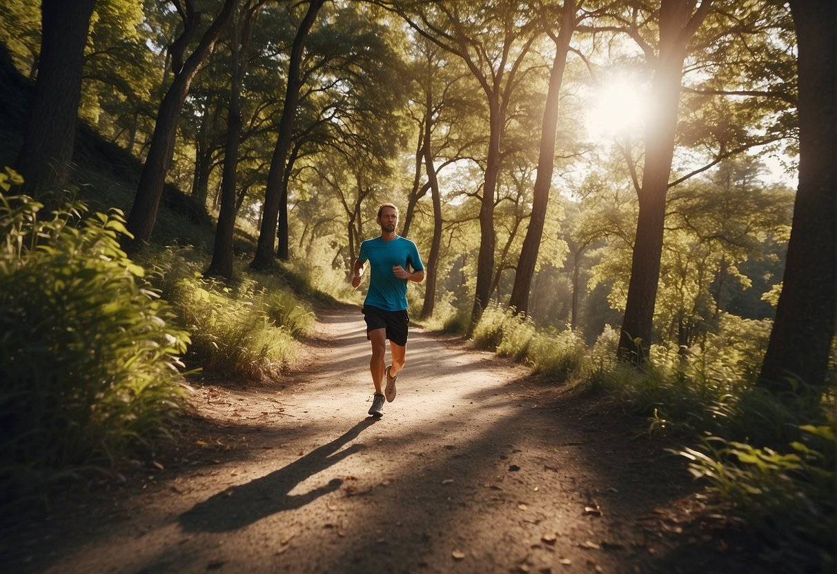 A runner on a scenic trail, jogging at a relaxed pace, surrounded by nature and sunlight