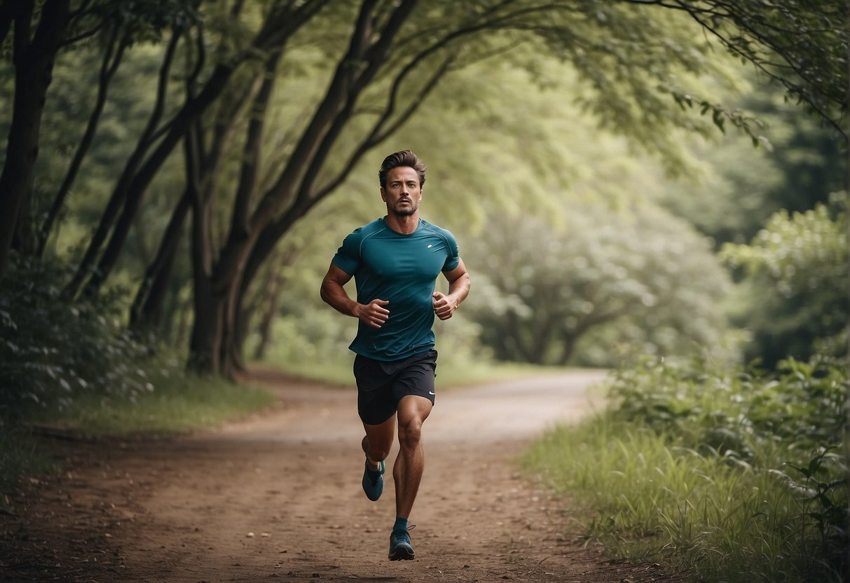 A person running alone on a peaceful trail, surrounded by nature, with a sense of determination and focus in their posture