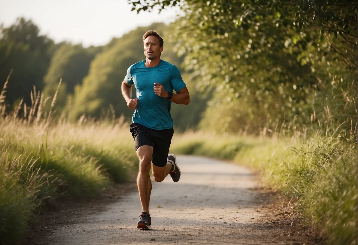 A runner jogging at a moderate pace, breathing steadily, with a relaxed and upright posture, surrounded by a peaceful natural environment