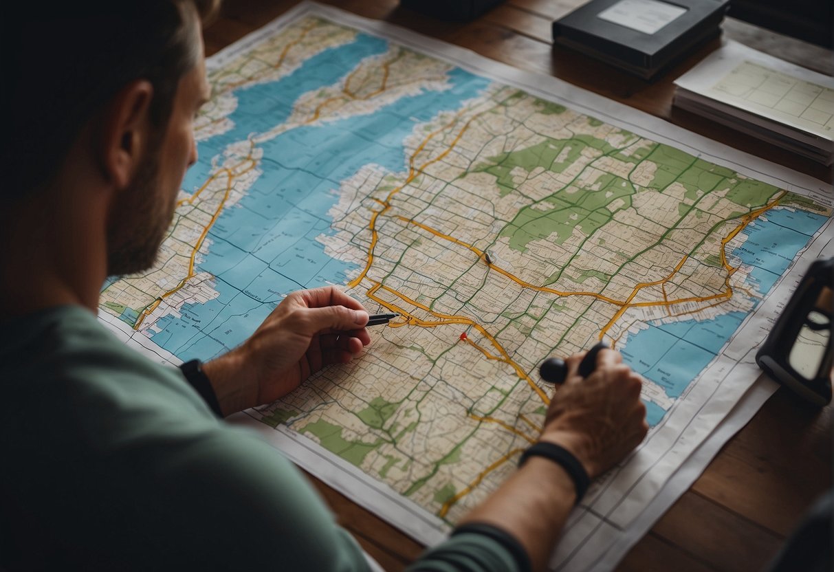 A runner mapping out a recovery run route with a map and planning their strategy