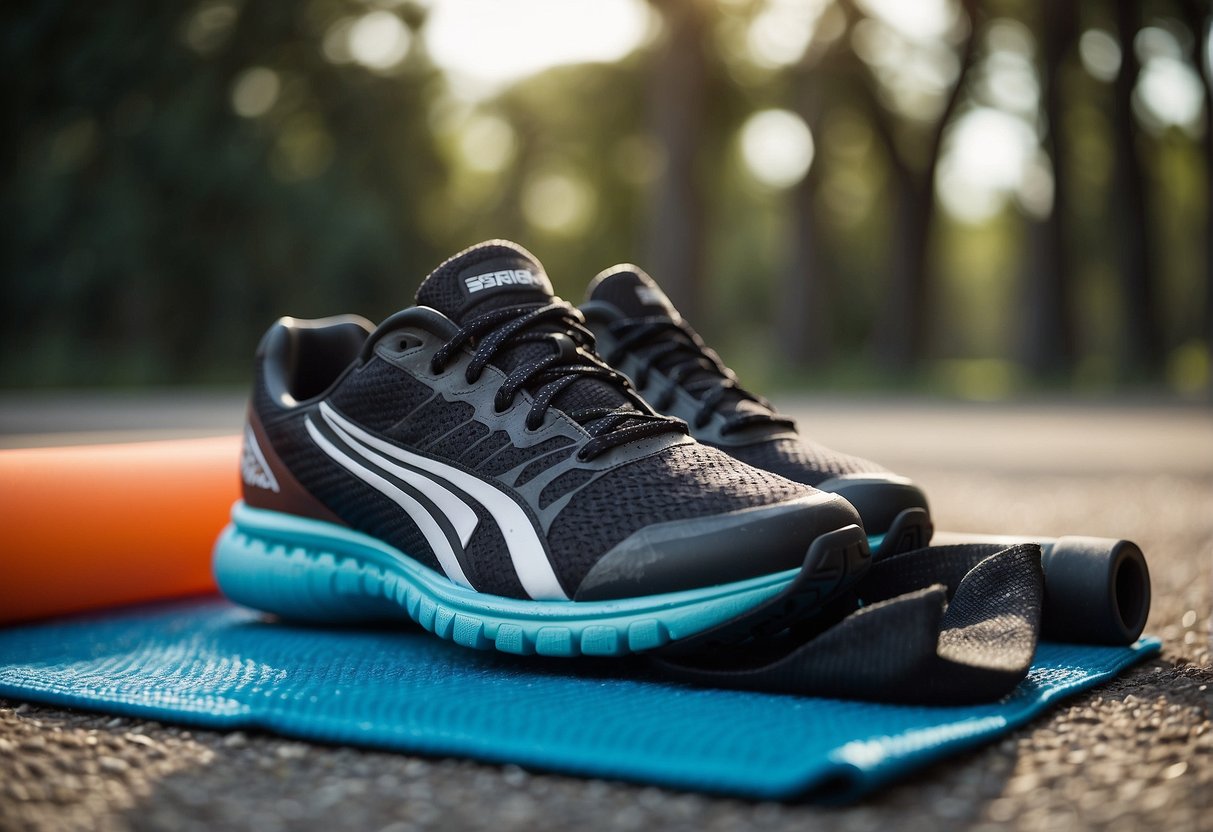 A pair of running shoes, a water bottle, a foam roller, and a resistance band lay on the ground next to a stretching mat