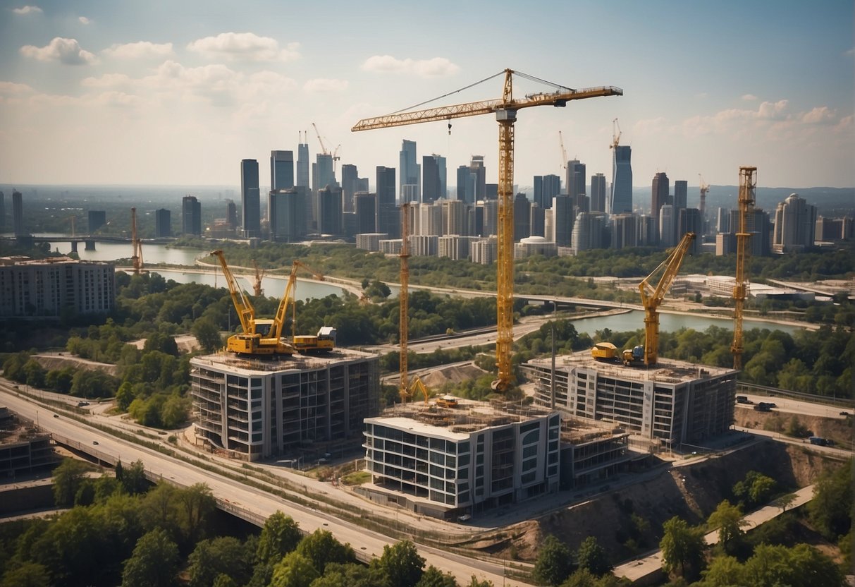 A city skyline with construction cranes and workers, surrounded by greenery and infrastructure, symbolizing long-term recovery planning