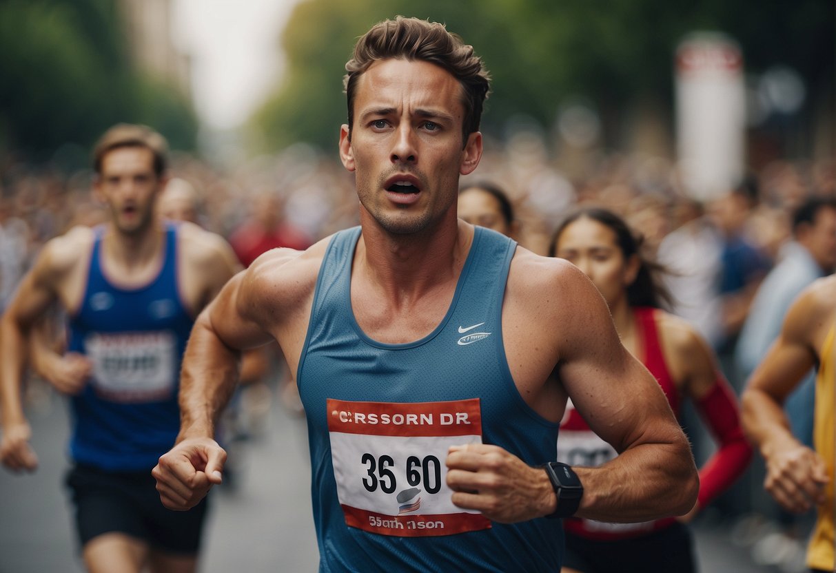 A runner crosses the finish line, breathing heavily, with a look of determination on their face. The crowd cheers in the background