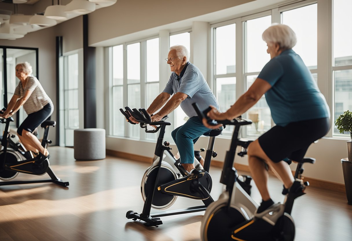 Elderly individuals pedaling spin bikes in a bright, spacious room with large windows, surrounded by supportive staff and cheerful decor