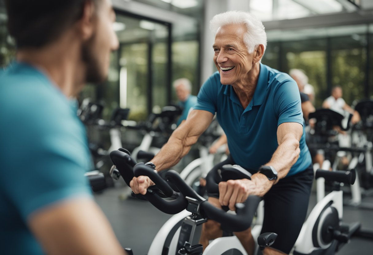 A senior effortlessly pedals a spin bike, enjoying low-impact exercise. The smooth, controlled motion promotes cardiovascular health and strengthens muscles