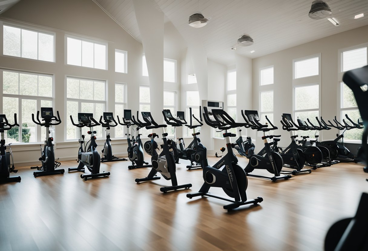 A bright, spacious room with soft lighting. Several spin bikes are arranged in a semi-circle, each with adjustable settings for seniors or low-impact workouts