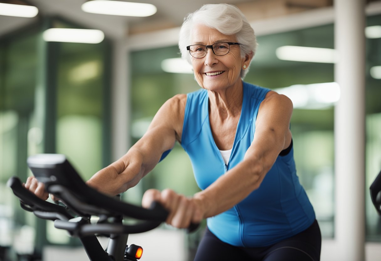 Elderly person on spin bike with low resistance, pedaling slowly. Bright, welcoming gym environment with supportive staff