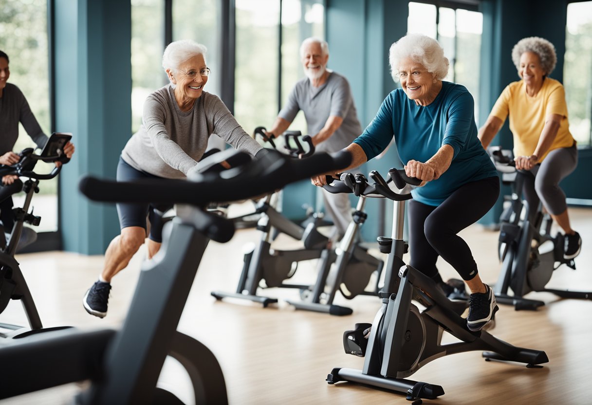 Elderly individuals comfortably using spin bikes in a well-lit, spacious room with supportive instructors guiding them through low-impact workouts