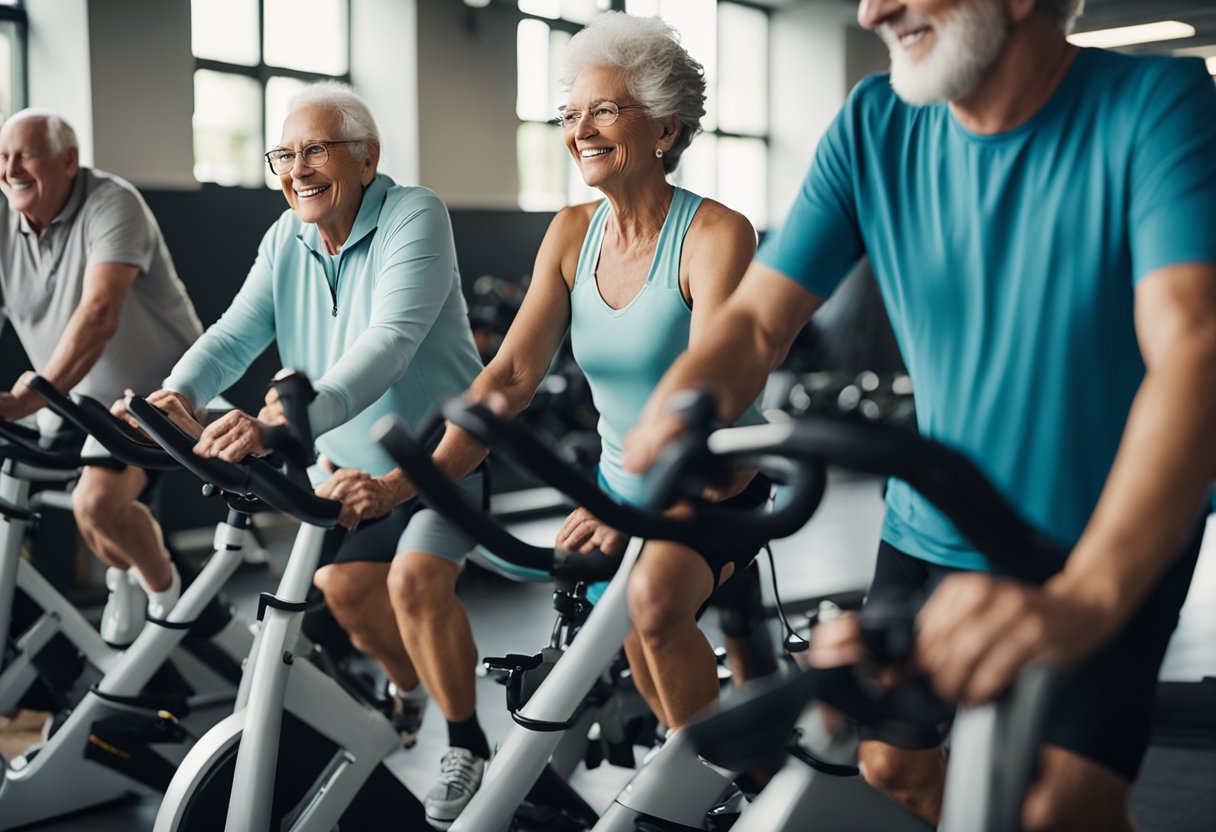 A group of seniors gather around spin bikes, smiling and chatting while exercising. Others offer support and encouragement, creating a warm and inclusive atmosphere