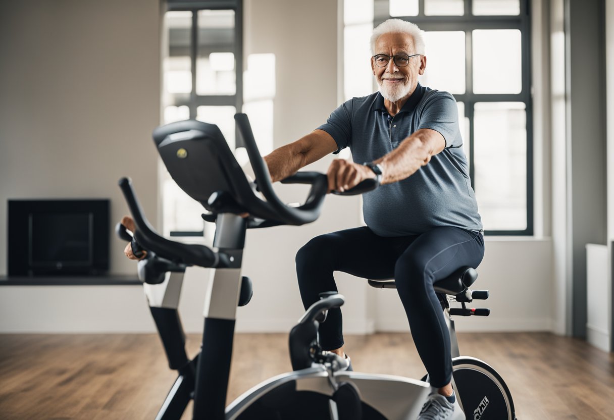 A senior is comfortably seated on a low-impact spin bike, with adjustable settings and easy-to-read display. The room is well-lit and spacious, with a calming atmosphere