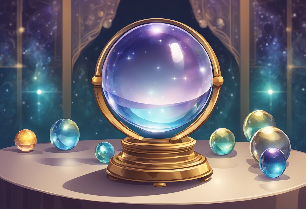 A crystal ball, a sphere of clairvoyance, and mirrors arranged on a mystical table, used for divination and seeing the future