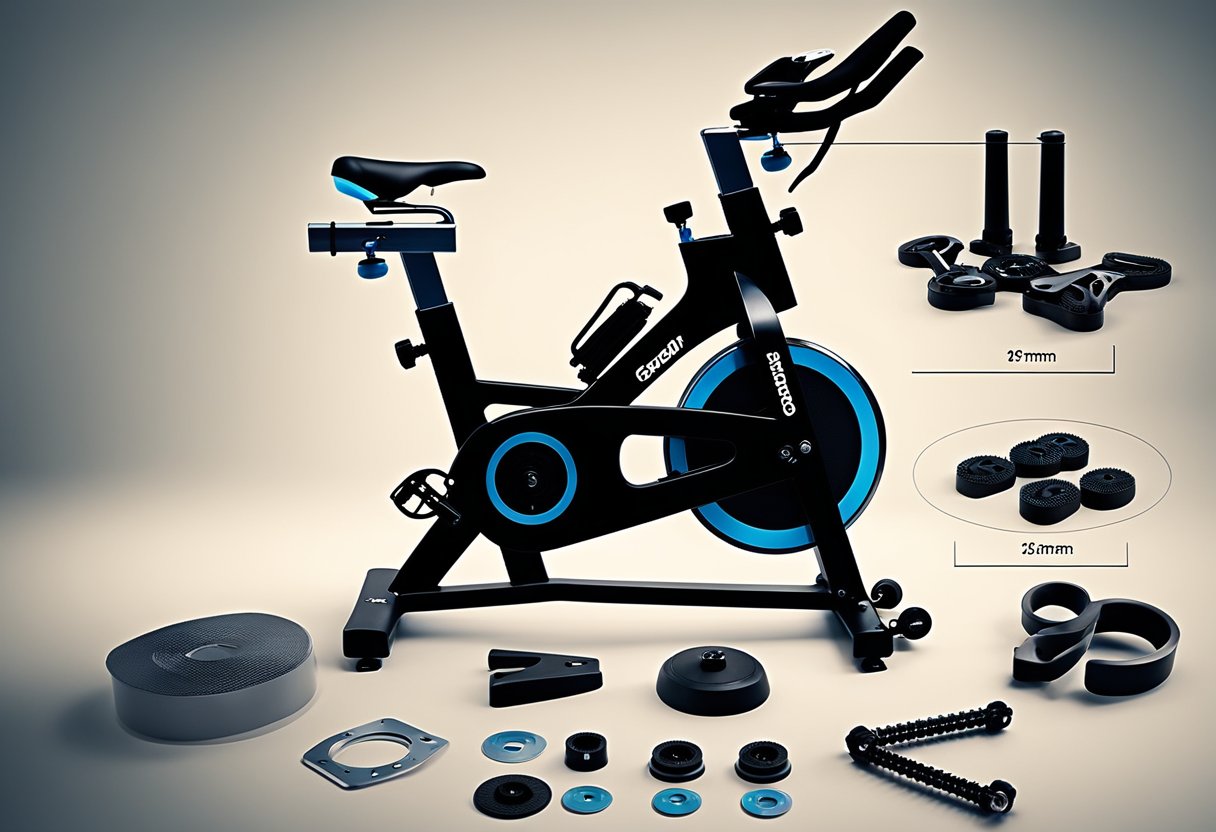 The frame and stability parts of a spin bike are laid out for replacement, with tools and components nearby