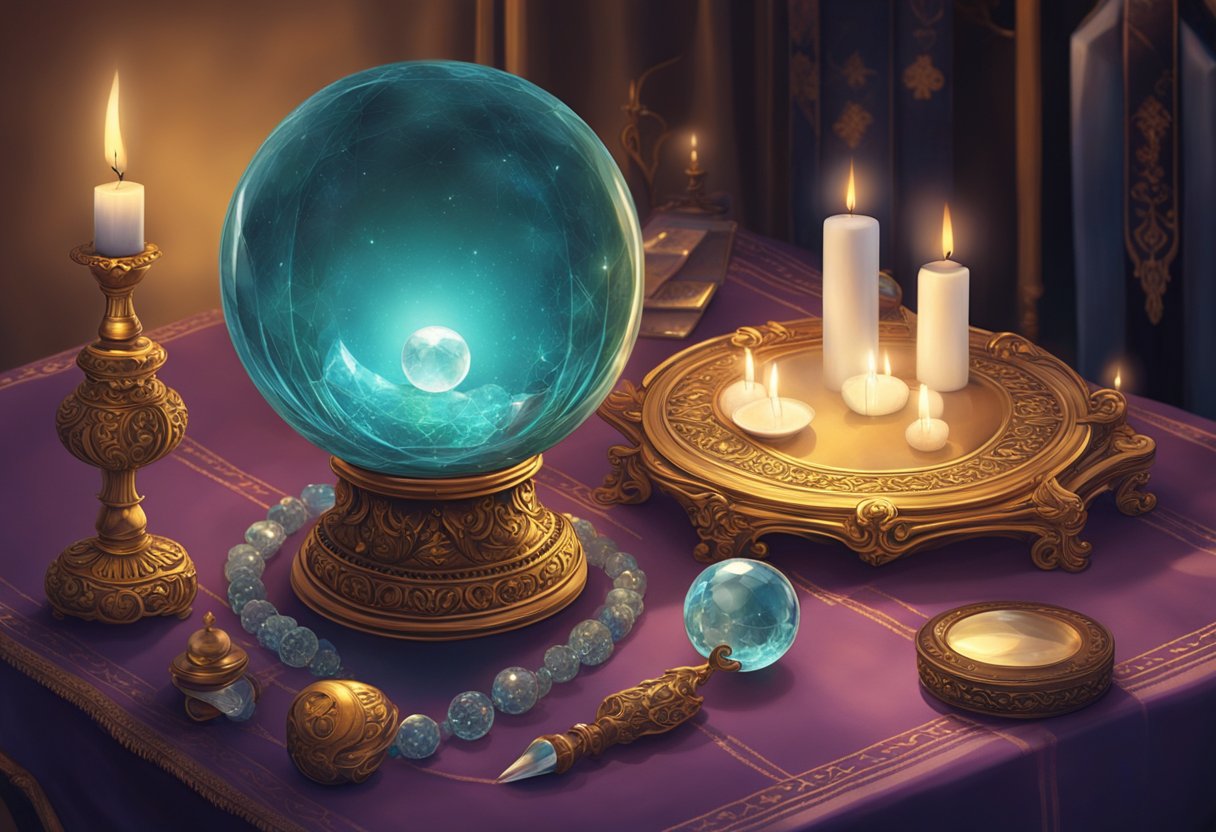 A crystal ball sits on a velvet cloth, reflecting the soft glow of candlelight. Nearby, a mirror and other divination tools rest on an ornate table