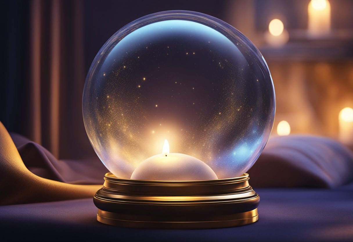 A crystal ball sits on a velvet cushion, surrounded by flickering candlelight. Its surface reflects the room, while a mysterious mist swirls within