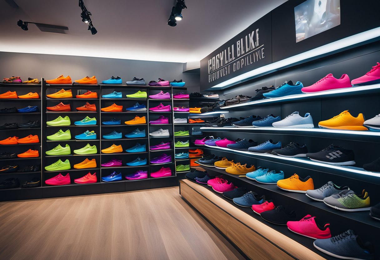 A colorful display of spin bike apparel and shoes arranged on shelves in a modern, well-lit store