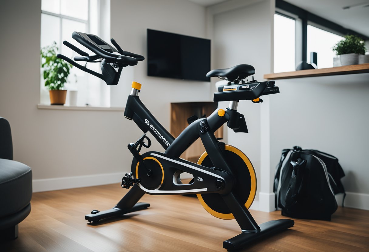 A spin bike with essential apparel and shoes neatly arranged nearby