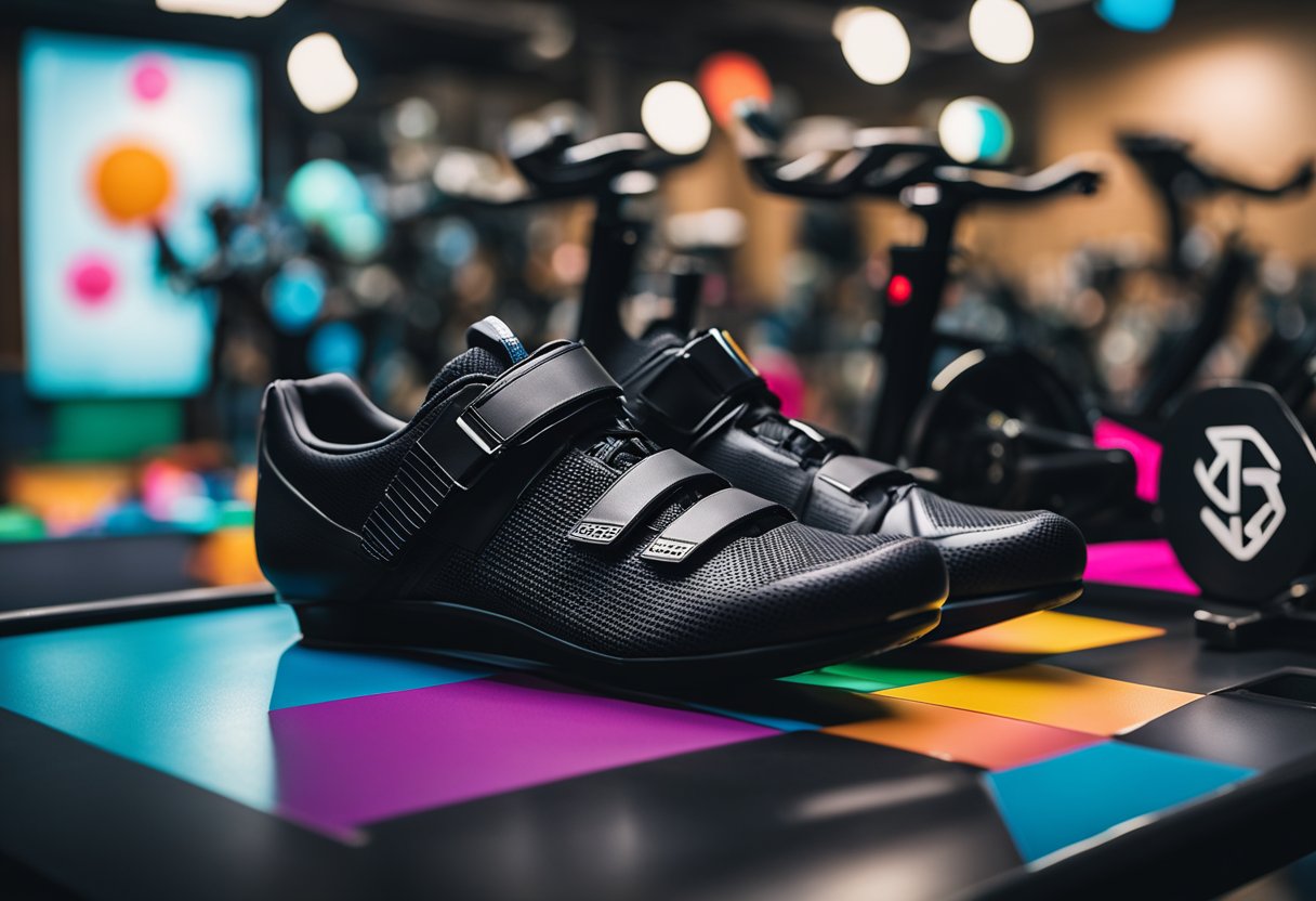 A pair of sleek, black spin shoes sits next to a vibrant, colorful spin bike, surrounded by various pieces of spin apparel