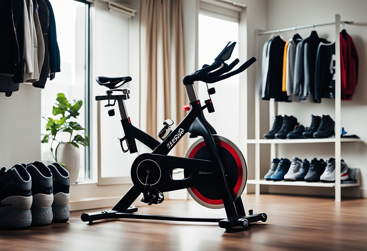 A spin bike surrounded by advanced apparel and shoes