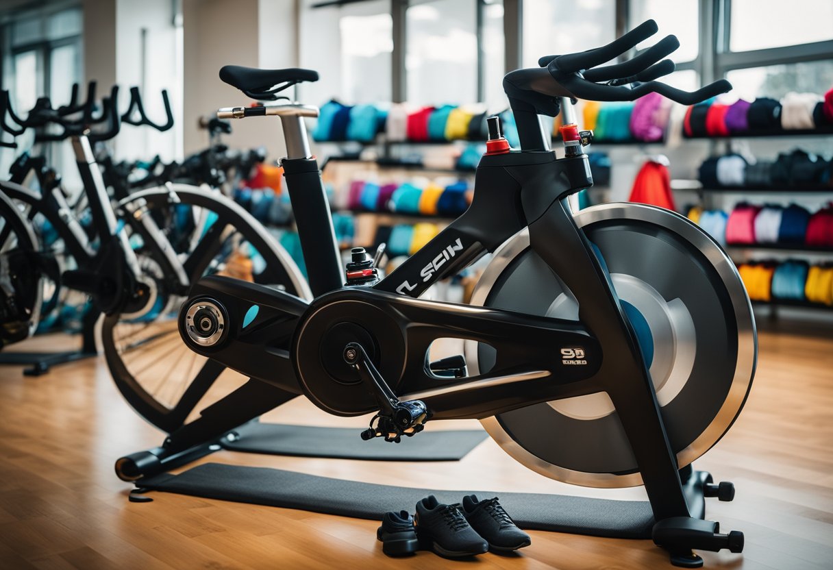 A spin bike surrounded by cycling shoes, water bottles, and sweat towels. A rack displays colorful apparel for spin biking
