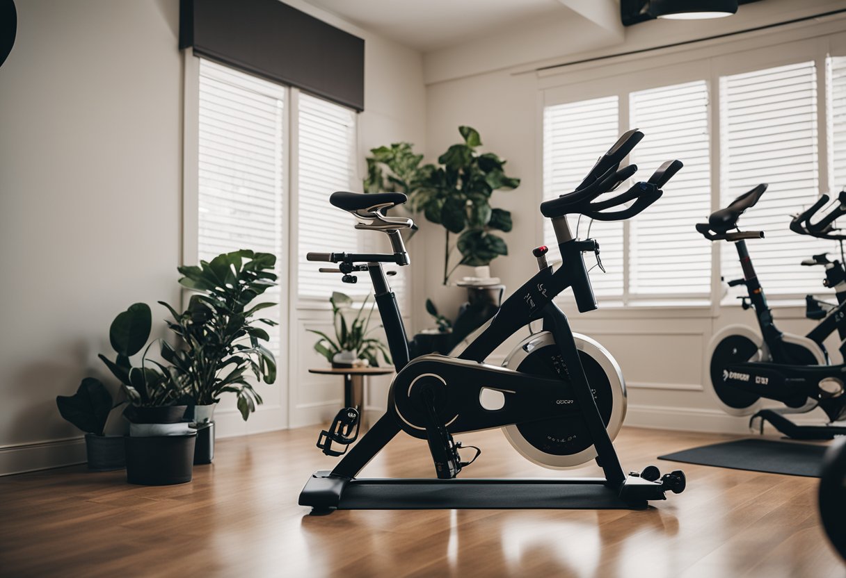 A spin bike sits in a tidy room, surrounded by neatly hung apparel and shoes. The room is well-lit and inviting, with a sense of care and maintenance evident