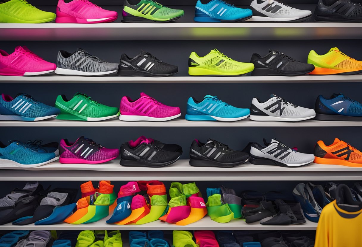 Brightly colored spin bike apparel and shoes are neatly organized on a display shelf. Reflective strips and vibrant hues ensure safety and visibility for cyclists