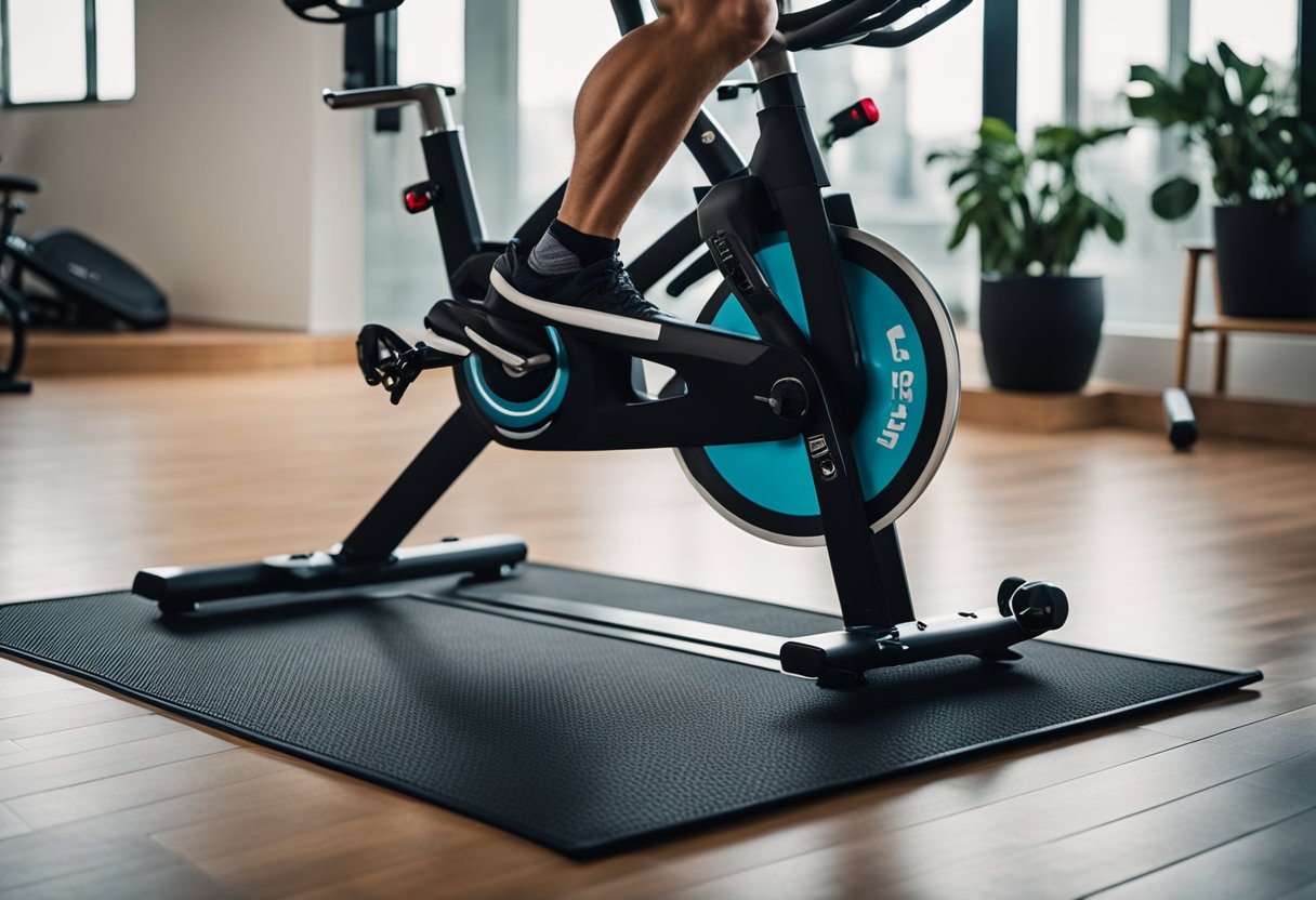 A spin bike sits on a durable floor mat, protecting the surface below from scratches and sweat. The mat is textured and non-slip, providing stability during intense workouts