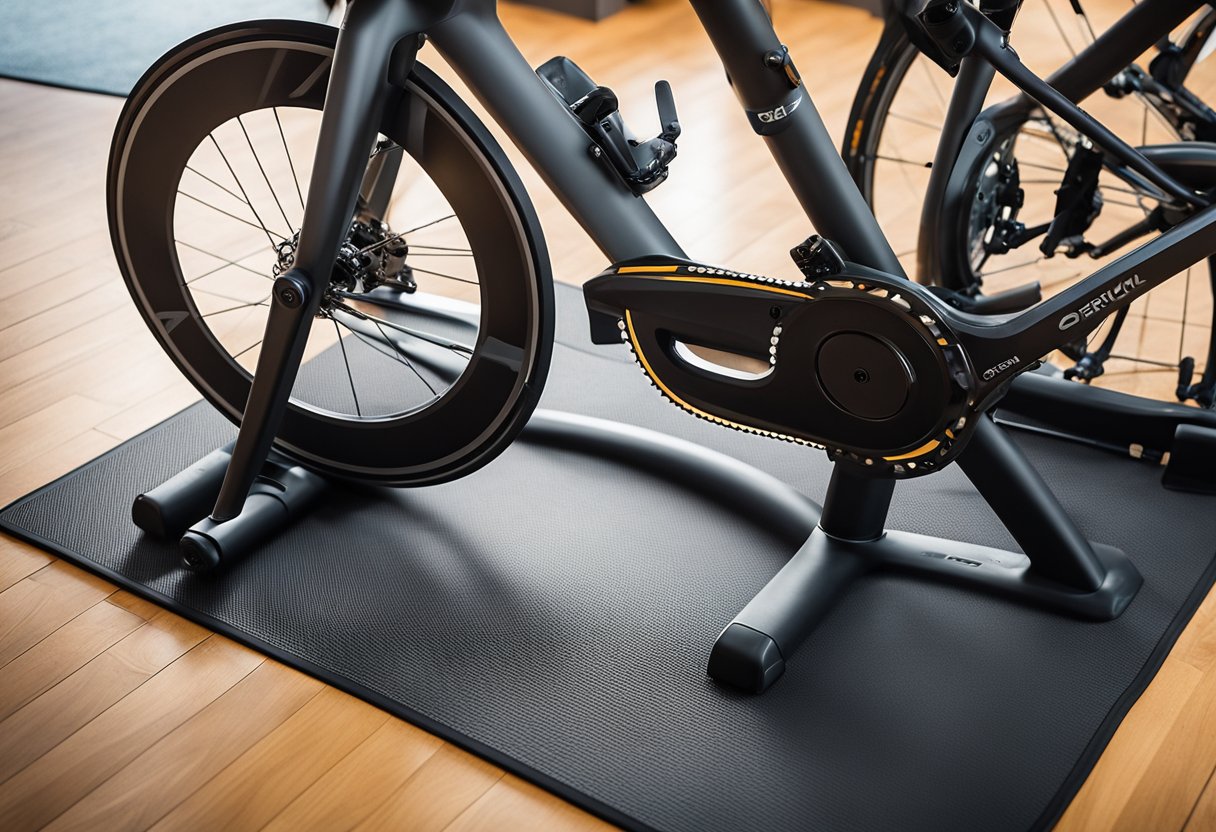 A spin bike floor mat lays beneath the bike, protecting the floor. It is sturdy and durable, with a textured surface to prevent slipping