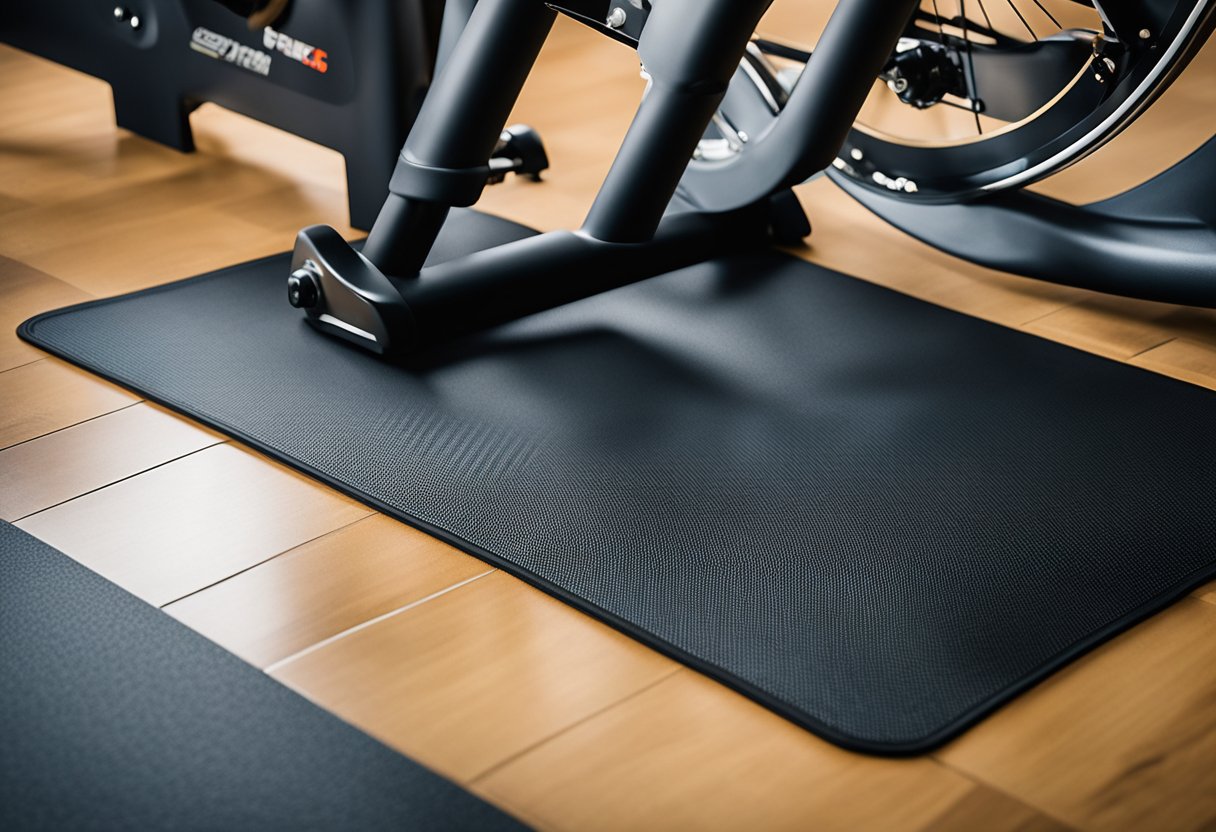 A spin bike floor mat lays flat under a stationary bike, protecting the floor from sweat and scratches. The mat is sized to fit the bike perfectly