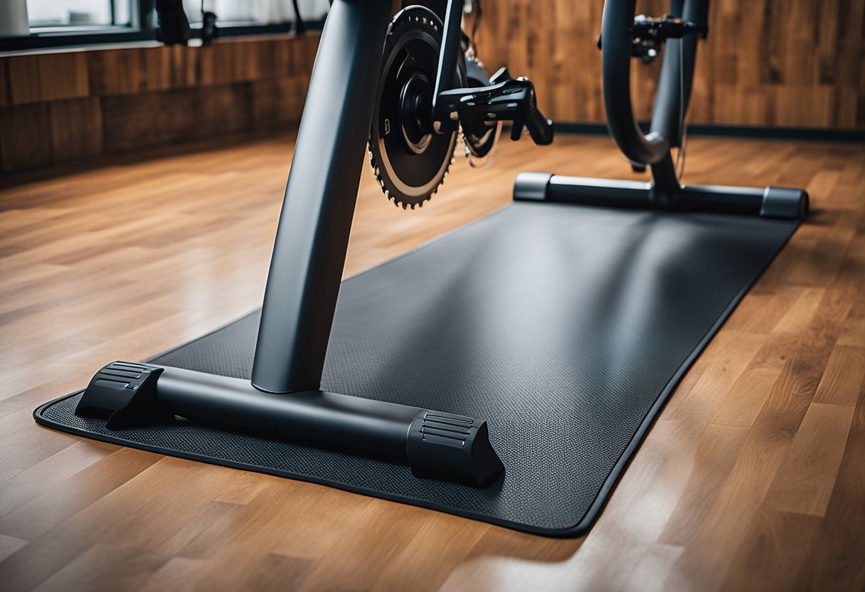 A spin bike floor mat lies flat on the ground, with a textured surface to prevent slipping. It is positioned underneath the spin bike, providing protection for the floor from sweat and scratches