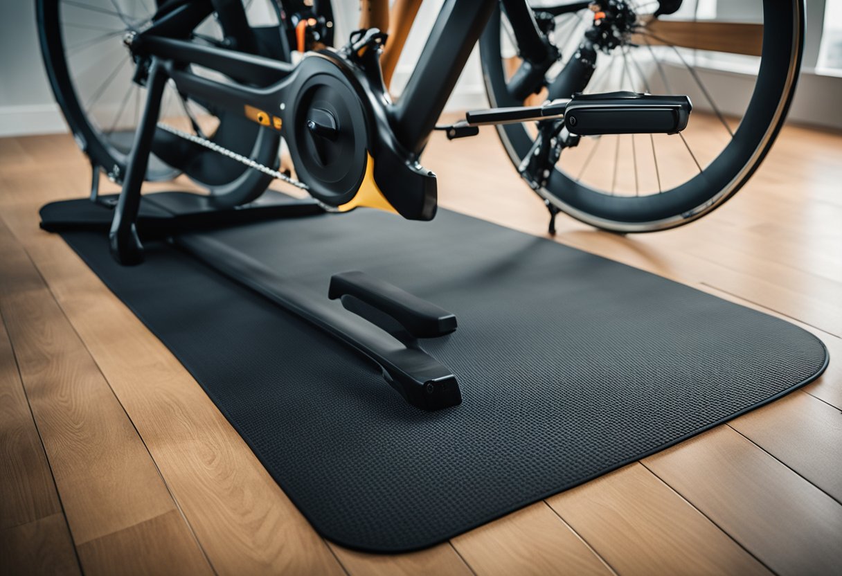 A spin bike mat lays flat on the floor under the bike, protecting the surface from scratches and sweat. It is being wiped down with a damp cloth to remove any dirt or debris